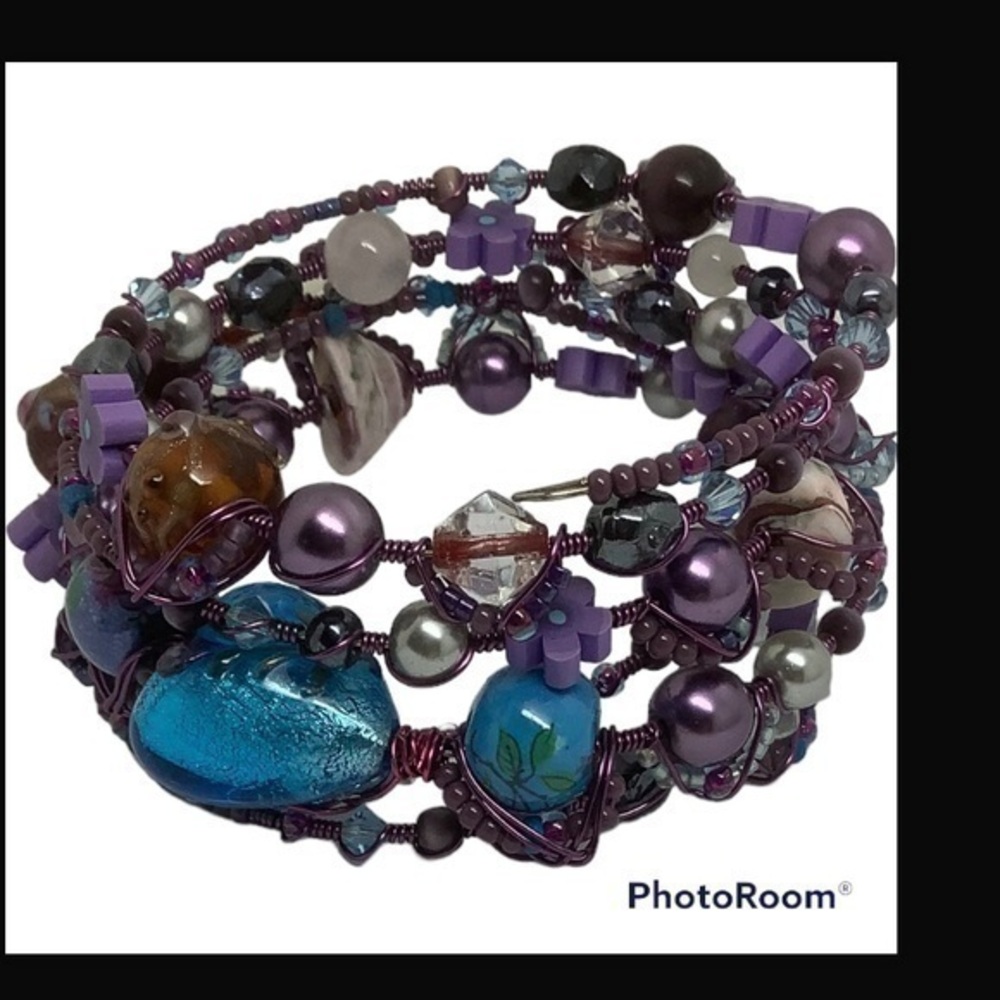 Blue and purple Beaded coil fashion bracelet